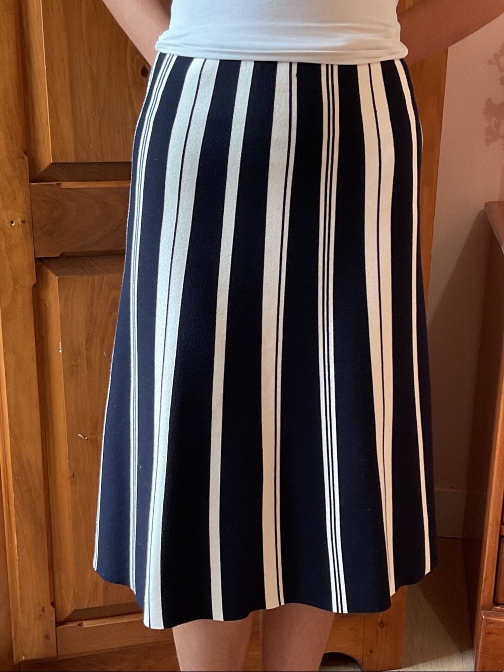 Massimo Dutti Navy and White Vertical-Stripe Midi Skirt